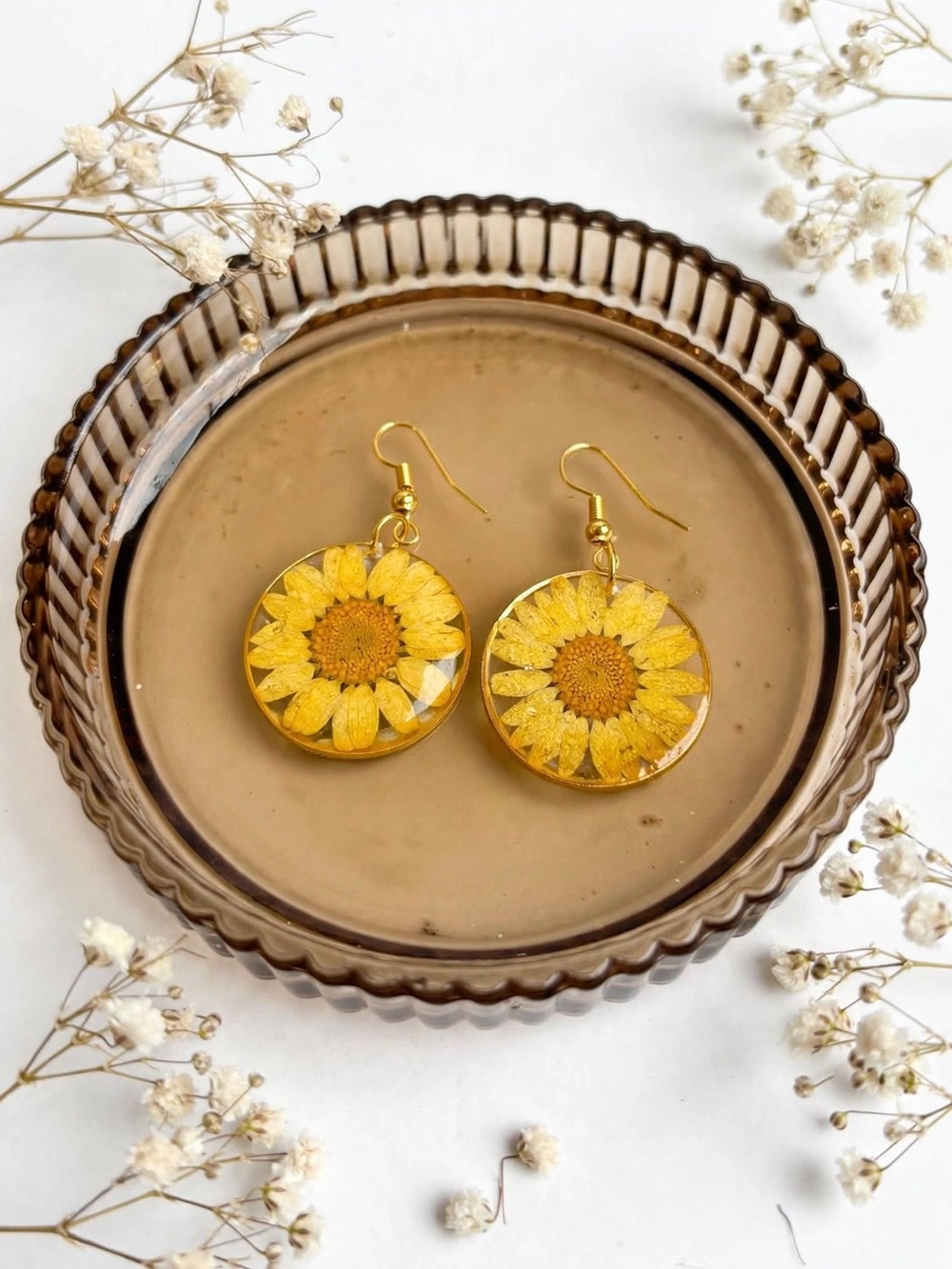 Handmade Yellow Sunflower Drop Earrings with Gold Hooks
